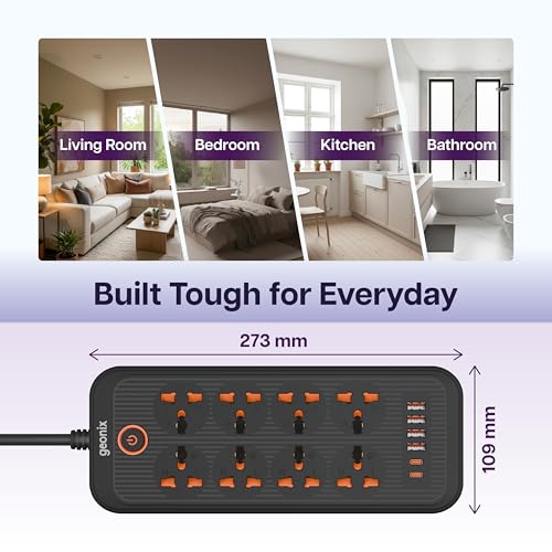 Image of Geonix PowerSpan U8 | Power Strip with 8 Universal Sockets, 2500W Max., 4 USB Ports, 2 C-Type Port, 10 Amps, 3 Mtr Copper Cable, Overload Surge Protection, Durable Abs Body, 250 Volts (Black)