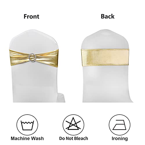 Image of Spandex Gold Chair Sashes Bows 50 Pack Stretch Chair Bands with Buckles Elastic Slider Chairs Ties for Wedding Decorations Party Reception Events Banquet Decor - Metal Gold