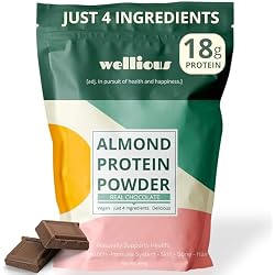 wellious Almond Vegan Protein Powder, Chocolate, 18g Protein, Soy-Free | 18g plant protein from almond and chickpea proteins with cocoa, monk fruit and vanilla; blends smoothly for sports nutrition
