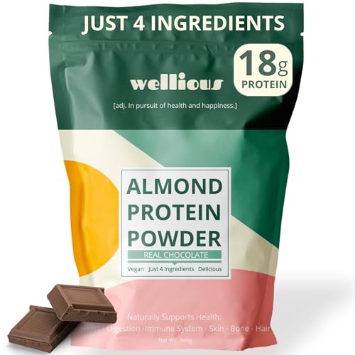 wellious Almond Protein Powder (Chocolate) - 18 Grams of Pure Healthiest Vegan Protein for Women & Men - Perfect Gluten-Free, Soy-Free & Smooth Gut Friendly Protein Powder for Sports Nutrition