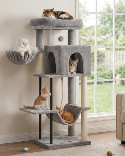 Image of Gitelsnour Cat Tree, 43.3'' Cat Tower with Hammock for Kittens GCT004SW | Cat Condo House for Small Indoor Cats, Basket, Scratching Post, Large Platform, Sturdy Steel Tube, Sisal Rope, Light Gray