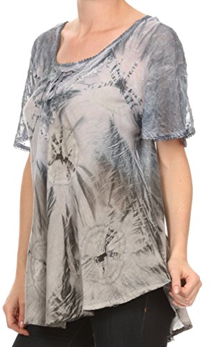 Image of Sakkas Taylay Ombre Tie Dye Batik Long Embroidered Corset Neck Blouse Shirt Top