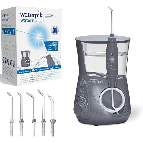 Waterpik Ultra Irrigador de Sobremesa Profesional con Agua a Presión y Sistema Avanzado de Control de Presión Mediante 10 Posiciones con 6 Boquillas, Eliminación de Placa Dental, Gris (WP-667UK-EU)