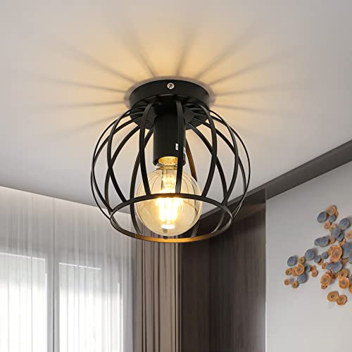 Lámpara de Techo Vintage, Retro de Plafón Industrial de Jaula de Hierro de Metal con Soporte E27, Lámpara de Techo de Montaje Semi Empotrado Negra Para Sala de Estar, Dormitorio, Cocina, Pasillo