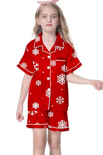 Image of Umeyda Women & Girls Pajamas Set, 2 Piece PJS Satin Silk Sleepwear Button-Down Top with Shorts for Mom Kids Gifts