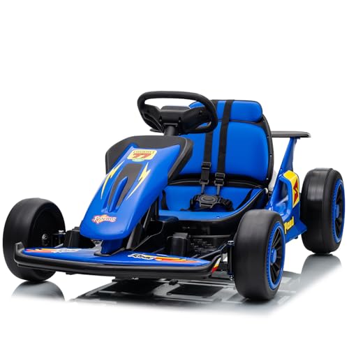 Beblinglet 24V Electric Drift Go Kart with EVA Tires, Up to 8.1 MPH, 400W Motor, Music, 2 Speed, Wireless, Outdoor Ride on Toy Crazy Go Cart for Kids 6-12 Years Old, Blue