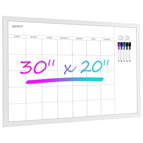 VUSIGN Magnetic Monthly Dry Erase Calendar White Board, 30"x20", White Wood Style Frame Cover