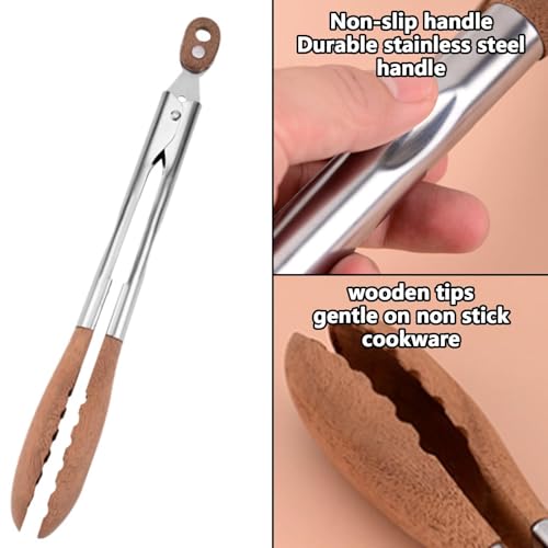 9 Inch Wooden Tongs for Cooking, Ideal Wooden Toaster Tongs for BBQ, Salad, Bread and Pickles, Made of Wood and Stainless Steel, Heat Resistant, Perfect for Serving and Grilling - Image 4
