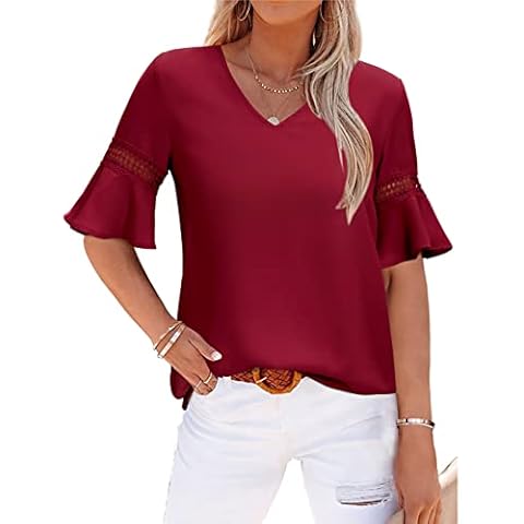 STYLEWORD Blouses for Women Dressy Casual Short Sleeve V Neck Spring Summer Holiday Tops Business Casual Outfits(Wine,L) Cover