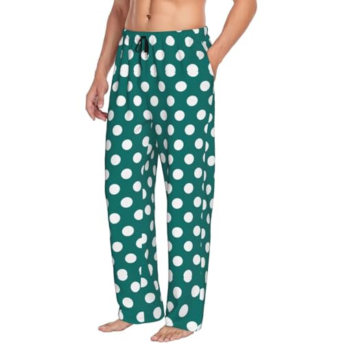 Mens Pajama Pants - Blue Green Polka Dot Print Soft Sleep Lounge Pants For Men, Casual Pj Bottoms With Pockets