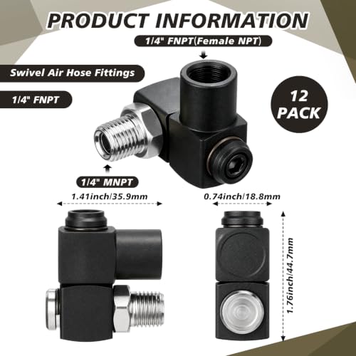 Image of 12 Packs 1 /4 Inch NPT 360 Degree Swivel Air Hose Connectors, Industrial Air Hose Fittings and Portable Compressor Tool Fittings (Black)