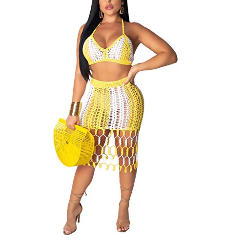 Womens Sexy Club Mini Dress - Fashion Color Block Strap Crochet Crop Top Bodycon Skirts Party Beach Dress 2 Piece Sets Yellow L