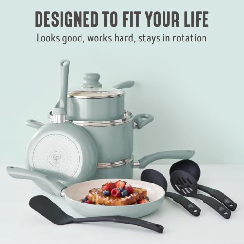 Image of GreenLife 16pc Ceramic Nonstick Pots & Pans Cookware Set, Mint Green | PFAS-Free Nonstick Coating, Stockpot, Frying Pans, Saucepan, Saute, Induction Ready, All Stovetop Compatible, Dishwasher Safe