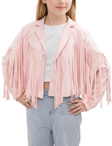 Noomelfish Girls Fringe Faux Suede Leather Jackets Kids Western Tassels Motorcycle Cardigan Cropped Coats, Pink, Size 7-8 Years