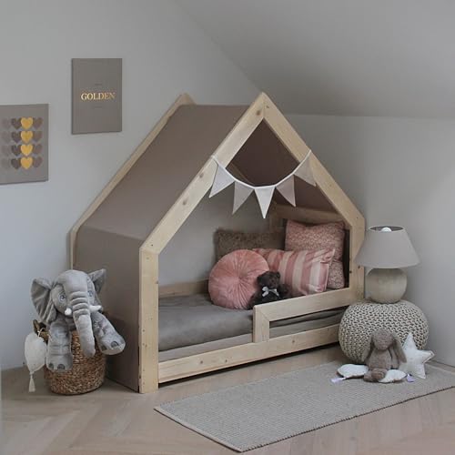 Need Sleep Dosel de casa con cadena de banderines para cama de 90 x 200 cm, 100 % algodón, dosel para cama infantil, cortina para cama infantil, dosel, decoración para habitación infantil, color beige