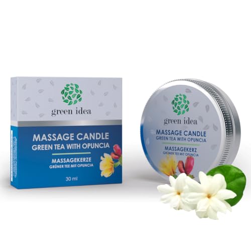 Green idea - Massagekerze mit Sheabutter, Bienenwachs und echten ätherischen Ölen - 4 Düfte - Romantische Massagekerze NATUR - 30 ml (Grüner Tee...