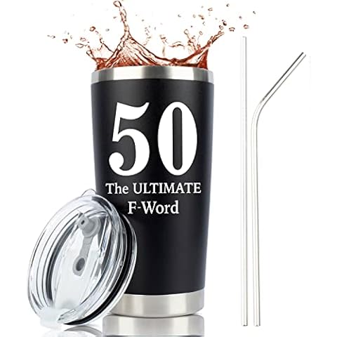 JENVIO 50th Birthday Gifts | 20 Ounce Black Travel Tumbler Mug with Lid and 2 Straws for Coffee and Cold Drinks | Funny Male Age 50 1970 Cup Cover