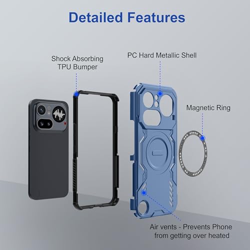 Image of amazon basics Back Case Cover for Nothing Phone (4a) Pro | Magnetic Case with Built-in Metal Ring | Supports MagSafe Charger, Wallet & Car Mount | Shockproof Hybrid PC + TPU | Blue