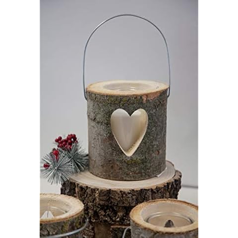 Rustic Wooden Log Lantern with Glass Candle Holder Cover