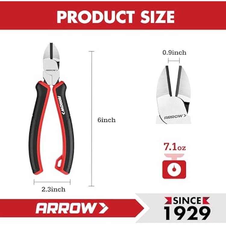 ARROW High Leverage Diagonal Pliers, 6 Inch Wire Cutters with Comfortable TPR Handle, High Carbon Steel Side Cutters for Cutting Wire