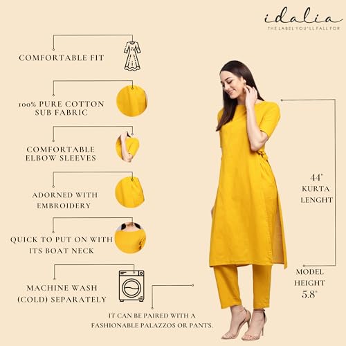 Image of idaLia Mustard Straight Cotton Solid Kurta Set for Women Stylish Boat Neck Design Kurta Set with Pant