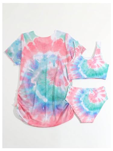 Milumia Conjunto de biquíni tie dye feminino de 3 peças com saída de malha, Multicor, 12 Anos