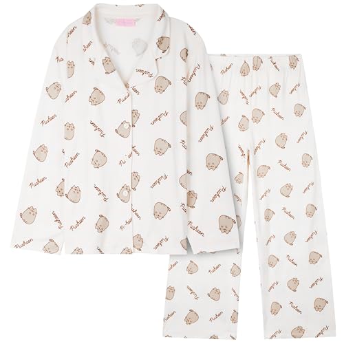 Get Trend Pusheen Pyjama a Bouton pour Fille et Ado 7-14 Ans, Ensemble de Nuit Chaud, Kawaii Loungewear, Comfy Idee Cadeau (9-10 Ans, Beige Pusheen)