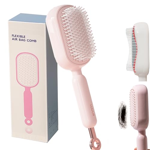 Retractable Cushion Massage Comb Self-Cleaning Hair Brush with One-Pull Design Anti-Static Detangling Brush for Long Curly Thick Hair (1 Pink)