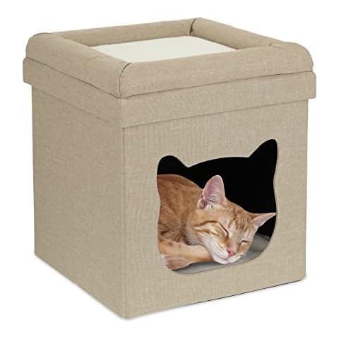 Relaxdays Cueva para Gatos de Interior, Espacio para Dormir para Patas de Terciopelo, Caja para Gatos de 2 Niveles, Plegable Cover