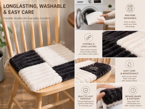 Image of Amazon Brand - Umi Black & White Checkerboard Faux Fur Chair Seat Cushions, 16x16 Inch Fluffy Dining Chair Pads with Ties, Foam-Filled Kitchen & Bar Stool Cushions, Set of 2