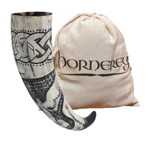Hornerey Trinkhorn \Freya's Horn\, 500 ml Wikinger Trinkhorn Set mit Ständer und Gürtelhalter, Methorn, LARP, Horn, 1 Stück (1er Pack), Schwarz