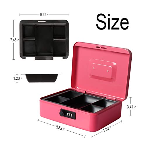 Safe Cash Box with Combination Lock, Decaller Medium Double Layer Cash Box with Money Tray Locking Storage Box, 9 4/5" x 7 4/5" x 3 1/2",Pink