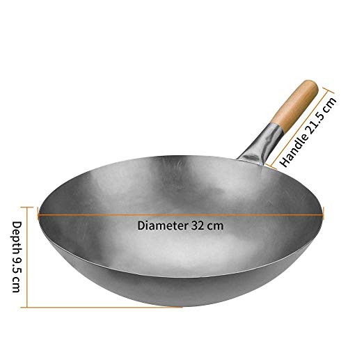 CTCOIJRN Gusseisen-Bratpfanne mit Holzdeckel, Eisenpfanne, chinesischer Induktionsherd, Pow-Wok, Gasherd, Universal, 17 Zoll