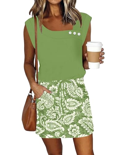 Image of SAUKOLE Women's Summer Casual Dress Button Decor Square Neck Short Sleeve Dresses A-Line Beach Dress