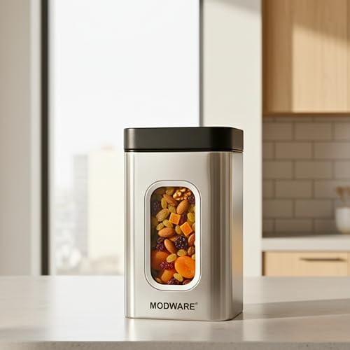 Image of MODWARE Keepex Stainless Steel Kitchen Storage Container, Airtight Silver Jar with Viewing Window, Fingerprint-Proof, Dishwasher Safe, Jars for Snacks, Fry Food, Masala, Cookies 1000ml Capacity