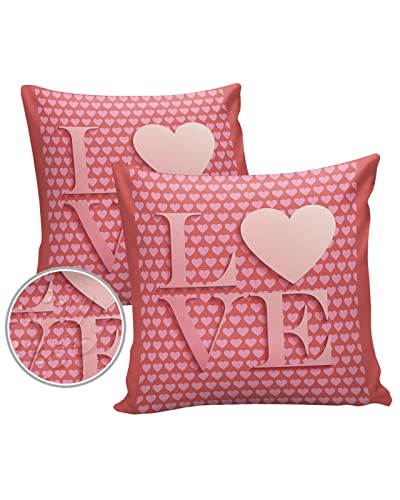 Outdoor Throw Pillow Covers 16x16 Waterproof Valentines Day LOVE Heart Pink Outdoor Pillows Decorative Pillow Covers Cushion Covers Pillowcase for Tent Patio Garden Couch Set of 2,