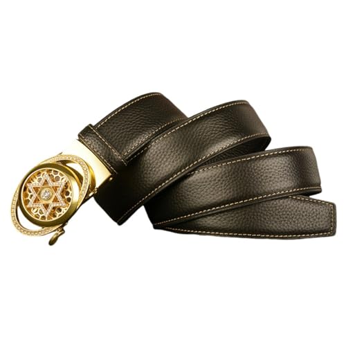 Stitched Leather Ratchet Belt With Rhinestones - Hollow Hexagram Flower Oval Buckle, Unisex Design2