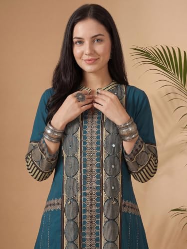 Image of INDO ERA Women's Green Silk Blend Floral Embroidered Straight Festive Kurta & Pant with Dupatta Set