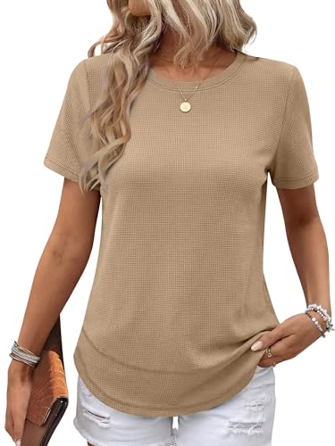 Image of ANRABESS Womens Waffle Knit Tops Short Sleeve Crewneck Shirts Curved Hem Summer Dressy Casual Blouses Spring Fashion Clothing