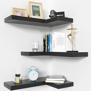 NATURE’S SOURCE Corner Floating Shelves with Invisible Brackets, Corner Shelves Wall Mounted Set of 3, Bedroom Bathroom Kitchen Living Room Office- Gothic Style 17″ x 6″ (Black)