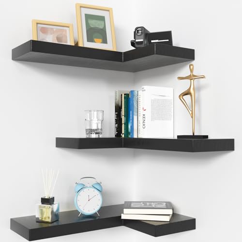 NATURE’S SOURCE Corner Floating Shelves with Invisible Brackets, Corner Shelves Wall Mounted Set of 3, Bedroom Bathroom Kitchen Living Room Office- Gothic Style 17″ x 6″ (Black)