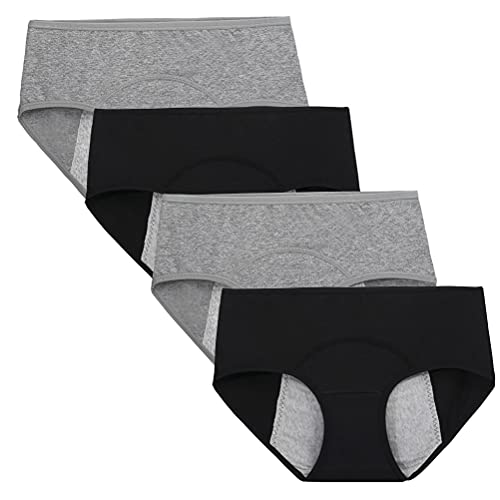 Teenager Girl's Breathable Cotton Period Panties Pack of 4pcs Menstrual Heavy Flow Leak-Proof Underwear Briefs (Medium, 2Black&2Gray)