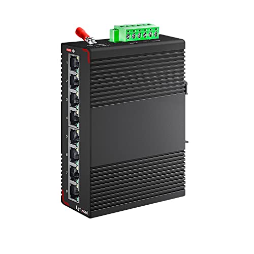 Lynxcel 8-Port PoE Gigabit Industrial Ethernet Switch - 96W 48V Output, 16Gbps Switching Capacity, IP40 Unmanaged Din Rail Switch for IP Cameras, VoIP Systems and More (With Power Supply)