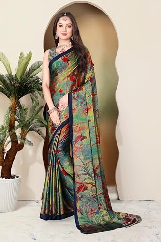 Image of SUPERLAXMI Women's Chiffon Floral Printed Saree with Blouse Piece