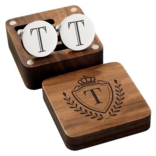 Mens Classic Initial Cuff links A-Z Alphabet 26 Letters Stainless Steel Silver CuffLinks with Engraved Walnut Wood Gift Box Business Wedding Set2