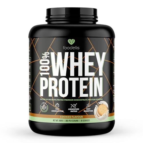 Foodelis 100% Whey Protein | Proteína de Suero Premium con Glutamina Natural y Perfil Completo de Aminoácidos | Máxima Absorción y Fácil Digestión | Sabor Galleta | 908 g - 30 Dosis