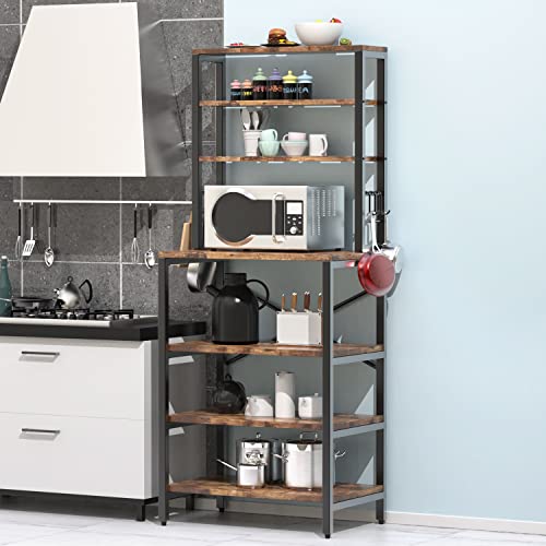 Amosic Industrial Kitchen Baker’s Rack, Multiuse 7-Tier Metal Kitchen Bakers Rack, 6 S-Hooks, Floor Standing Spice Rack Organizer Workstation, For Microwave, Spice Jars, Pots And Pans, Rustic Brown #TOP2