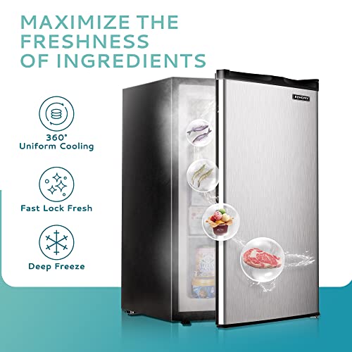 EUHOMY Upright freezer, 3.0 Cubic Feet, Single Door Compact Mini Freezer with Reversible Stainless Steel Door, Small freezer for Home/Dorms/Apartment/Office, Silver
