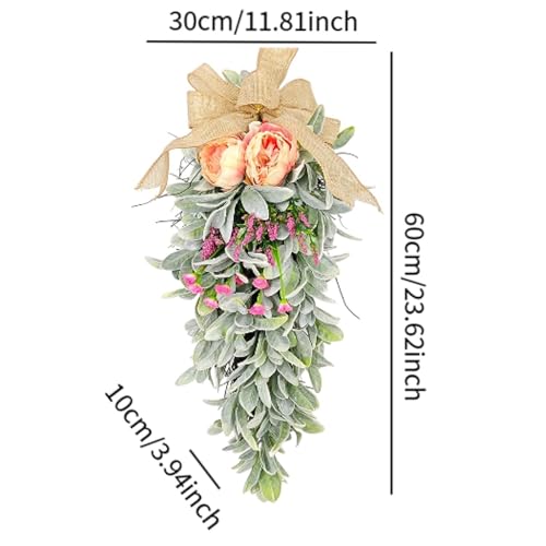 Teardrop Swag Decorative Spring Summer Hanging Decor for Holiday Door Garden, Mixed Floral Flower Teardrop Wreath with Burlap Floral Arrangement for Door Wall Mantel Window - Image 3