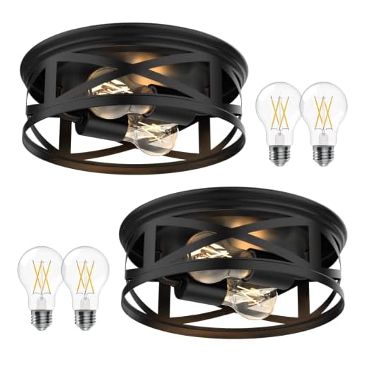 Sunco Arcadia 2-Light Flush Mount Ceiling Light Fixture, Hallway Matte Black Outdoor Industrial Lights, E26 Base, Dimmable A19 Edison LED Bulbs Included, 1600 LM, for Kitchen Bathroom 2 Pack